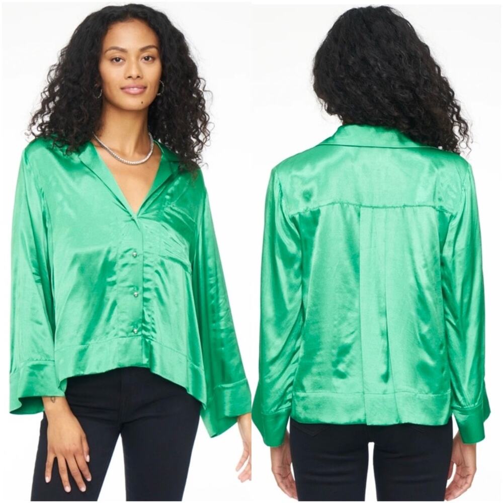 PISTOLA Sia Satin Long-Sleeve Pajama Style Blouse in Fern